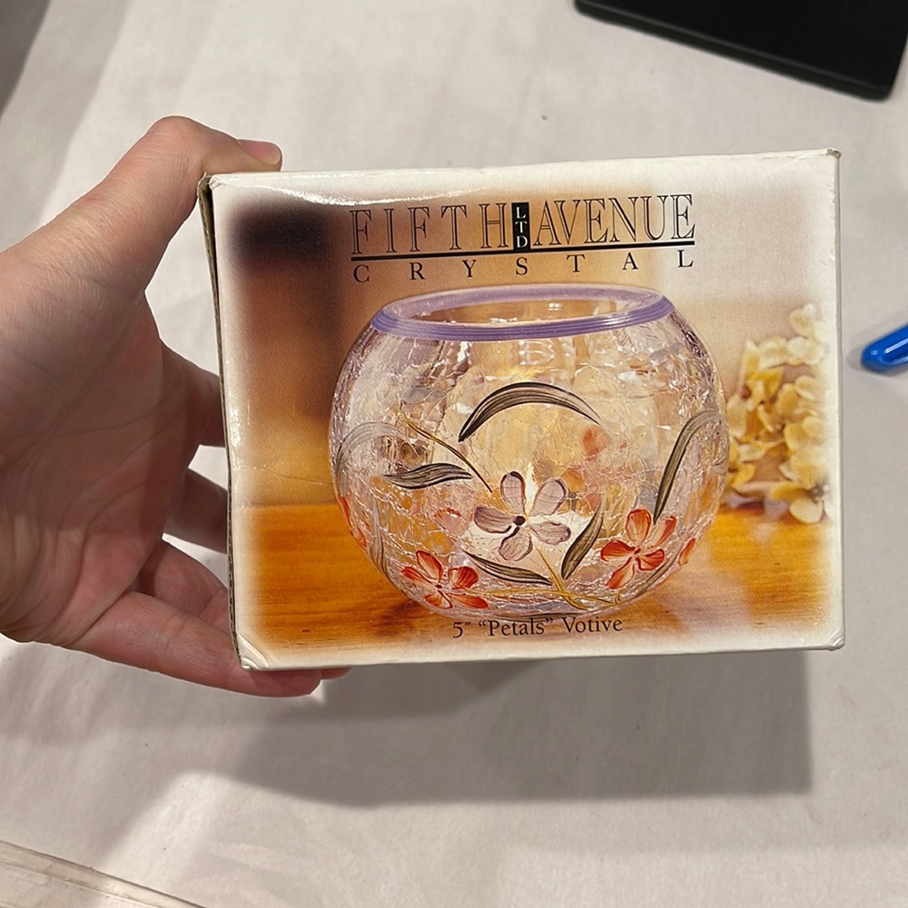Fifth Ave crystal 5 petal hand painted Votive, cracked glass style.